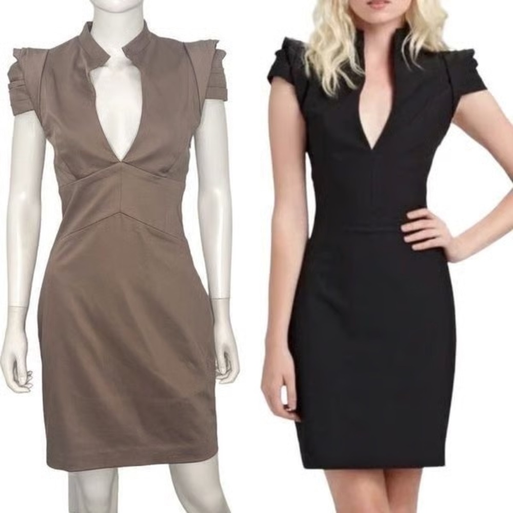 NWT Black Halo White Hanna Midi Sheath Ruffle Dress in Walnut Sz 4